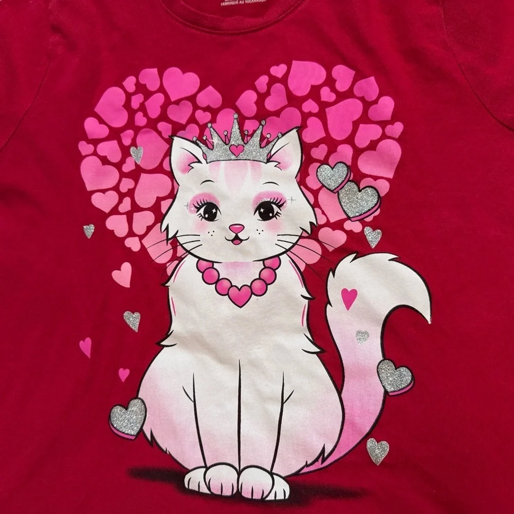 The Children’s Place Girls Cat Heart Graphic Tee‎ Red Pink Size L 10-12